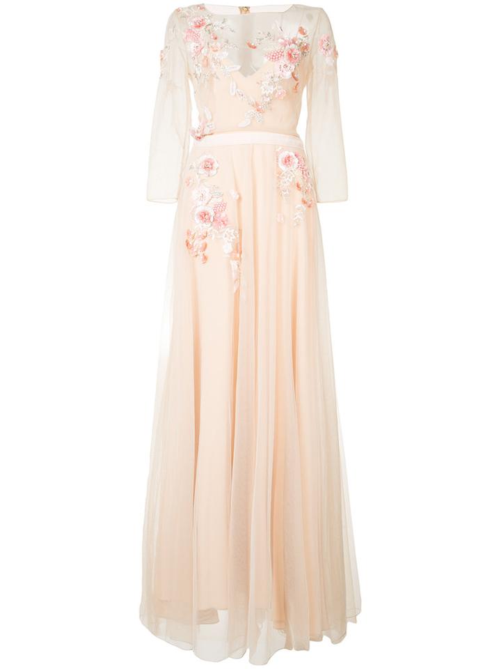 Marchesa Notte - Floral Embroidered Long Dress - Women - Nylon/polyester - 8, Nude/neutrals, Nylon/polyester