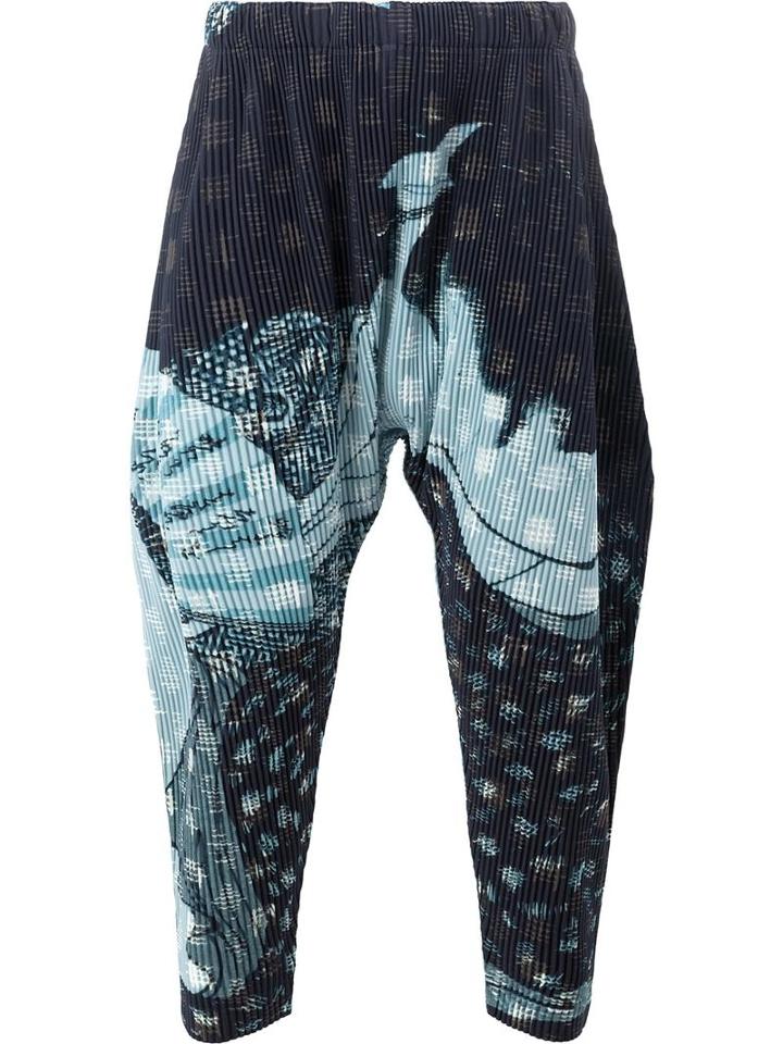 Homme Plissé Issey Miyake Abstract Print Drop-crotch Trousers, Men's, Size: 3, Blue, Polyester