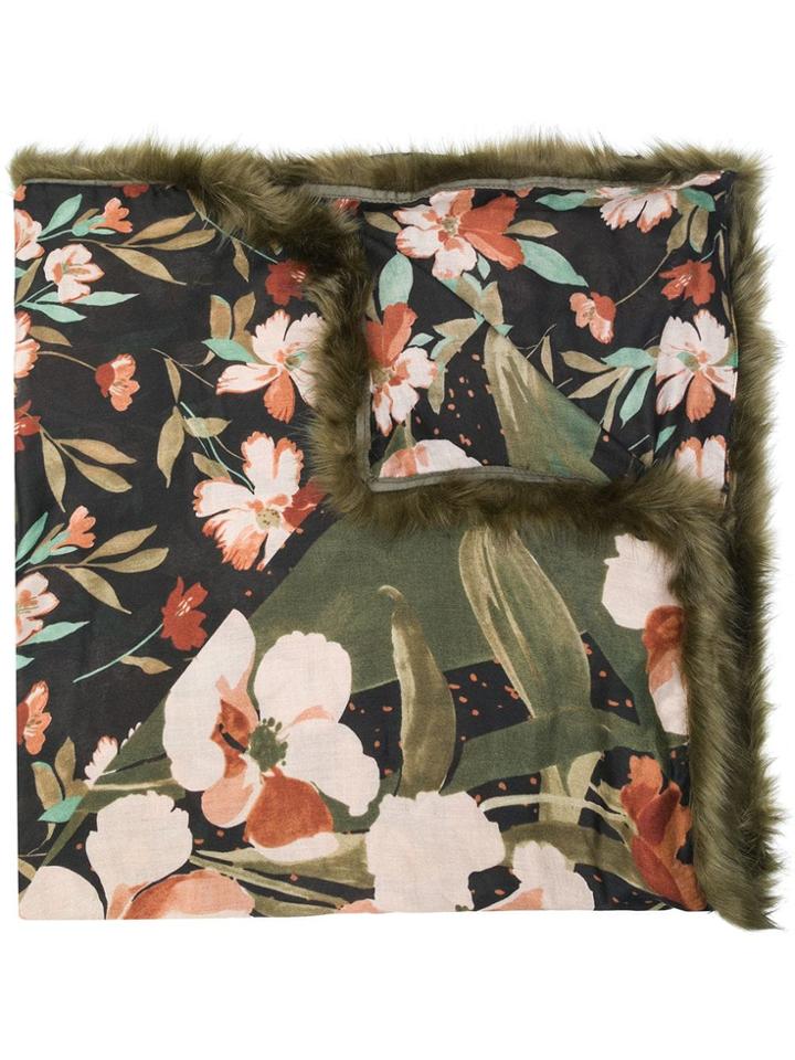 Twin-set Faux Fur Trim Floral Scarf - Black