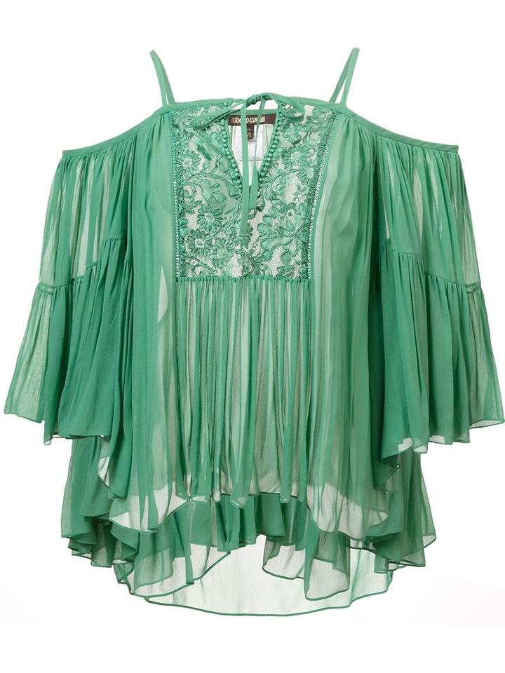 Roberto Cavalli Cold Shoulder Keyhole Top, Women's, Size: 40, Green, Silk