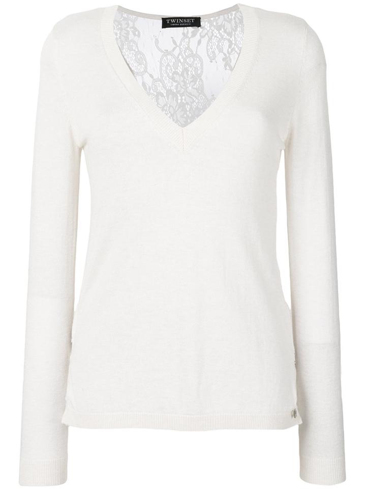Twin-set - Deep V-neck Lace Top - Women - Polyamide/viscose/wool - M, Nude/neutrals, Polyamide/viscose/wool