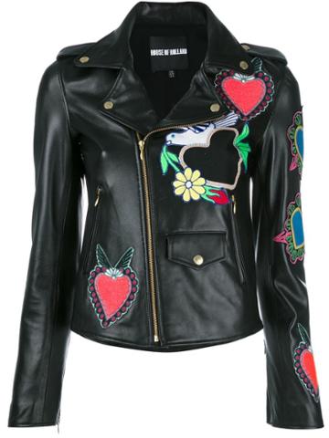 House Of Holland Heart Patches Biker Jacket, Women's, Size: 10, Black, Lamb Skin/polyester/spandex/elastane