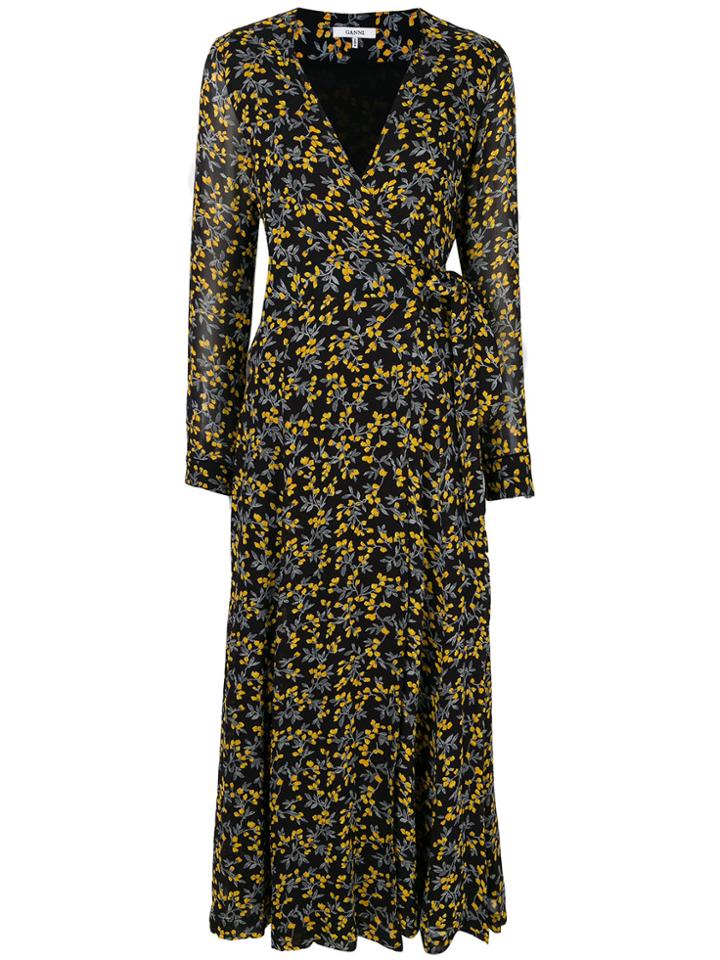 Ganni Marceau Georgette Floral Wrap Dress - Black