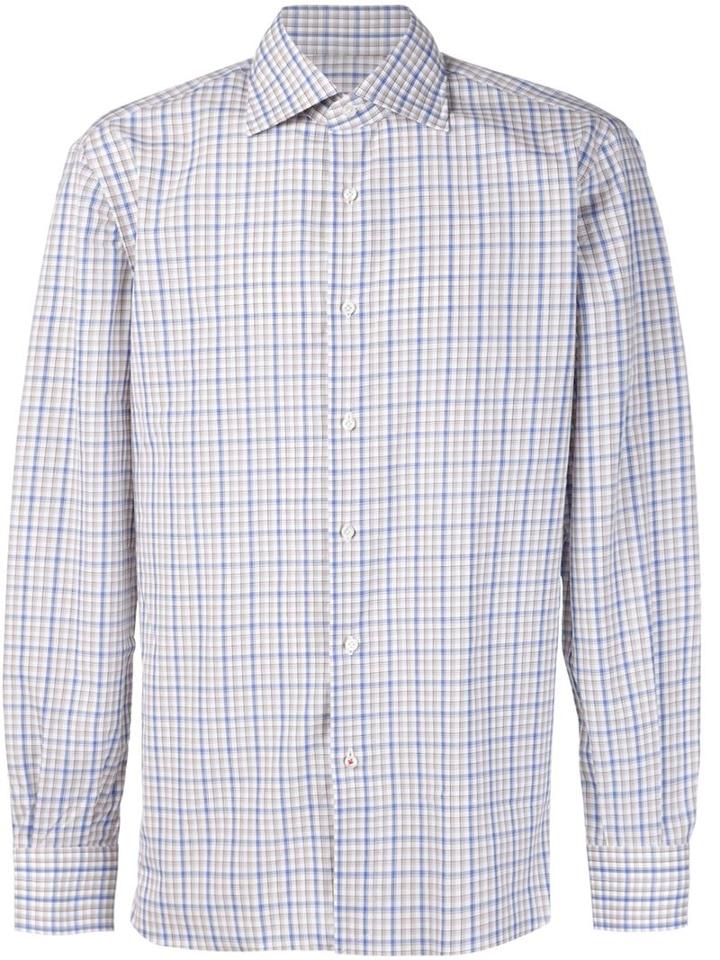 Isaia Checked Shirt, Men's, Size: 18 1/2, White, Cotton
