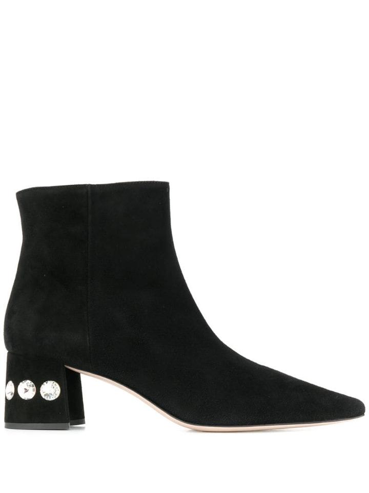 Miu Miu Crystal Embellished Pointed Toe Ankle Boots - Black