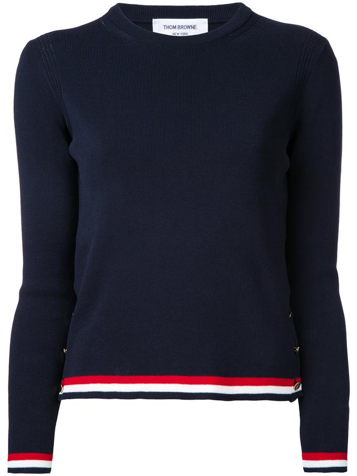 Thom Browne - Long Sleeve Crewneck Pullover With Open Stitch Frame In Navy Cotton Crepe - Women - Cotton - 38, Blue, Cotton