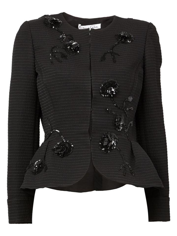 Oscar De La Renta Embellished Peplum Jacket, Women's, Size: 10, Black, Acrylic/nylon/polyester/acetate