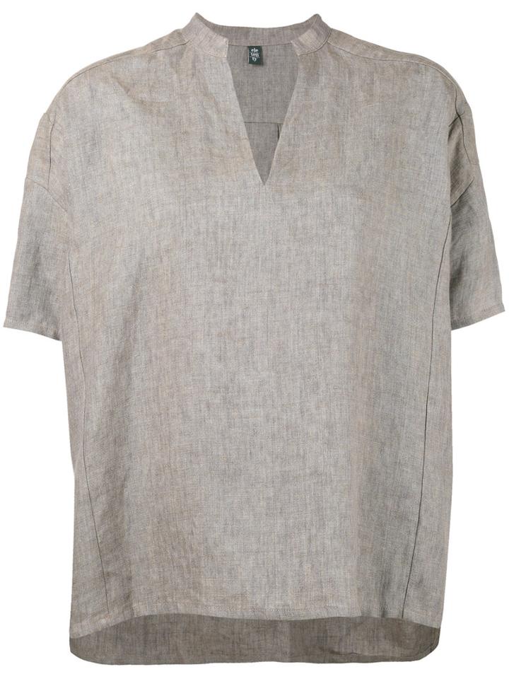 Eleventy - Mandarin V-neck Blouse - Women - Linen/flax - 38, Brown, Linen/flax