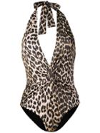 Ganni Leopard Print Halterneck Swimsuit - Neutrals