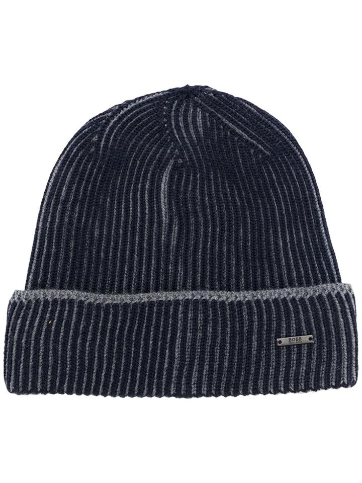 Boss Hugo Boss Ribbed Logo Beanie Hat - Blue