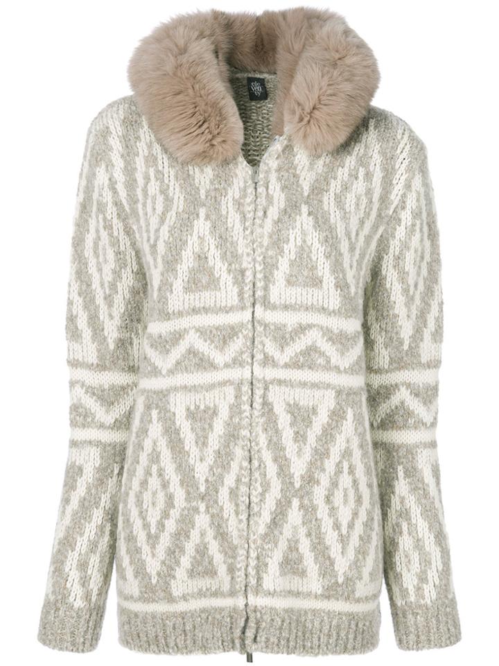 Eleventy Fox Fur Hooded Textured Cardigan - White