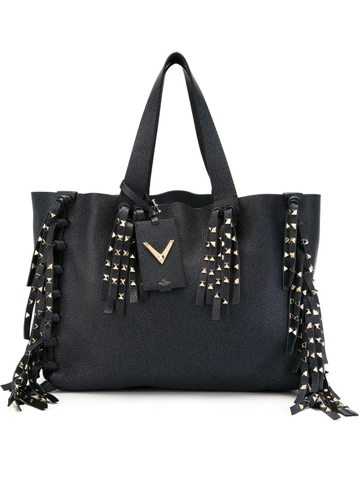 Valentino Garavani Rockstud Fringed Tote, Women's, Blue, Calf Leather
