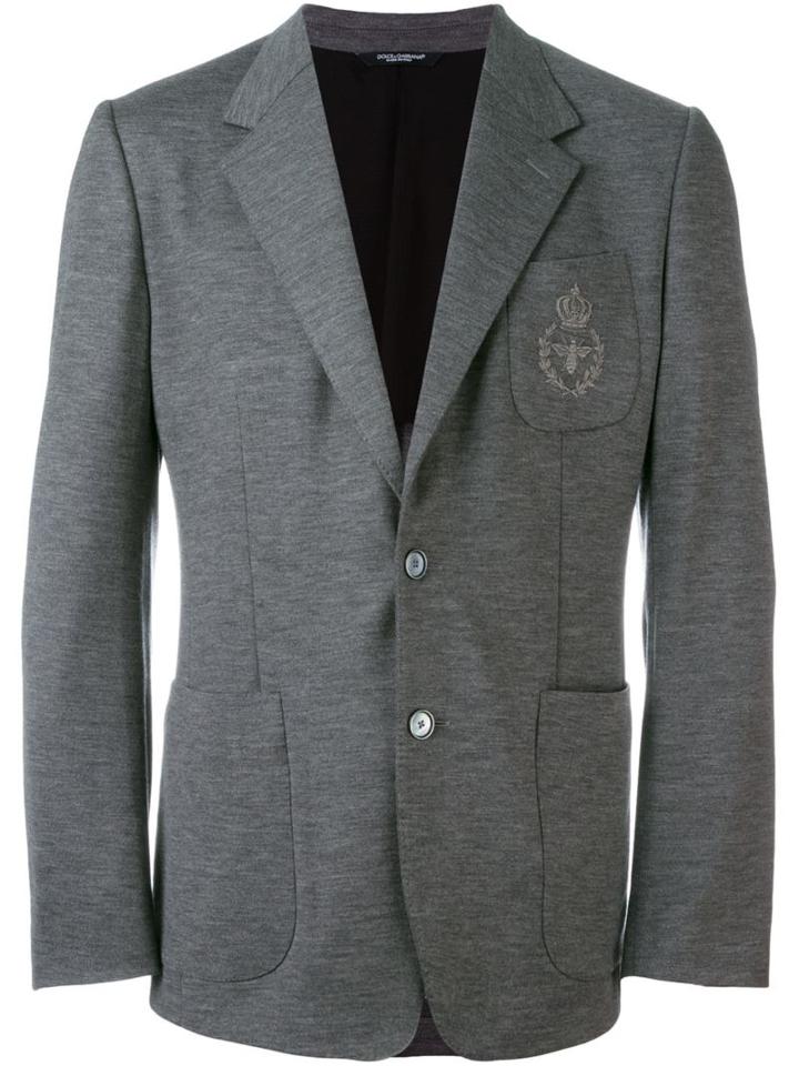 Dolce & Gabbana Embroidered Crown & Bee Blazer, Men's, Size: 48, Grey, Polyester/cupro/virgin Wool