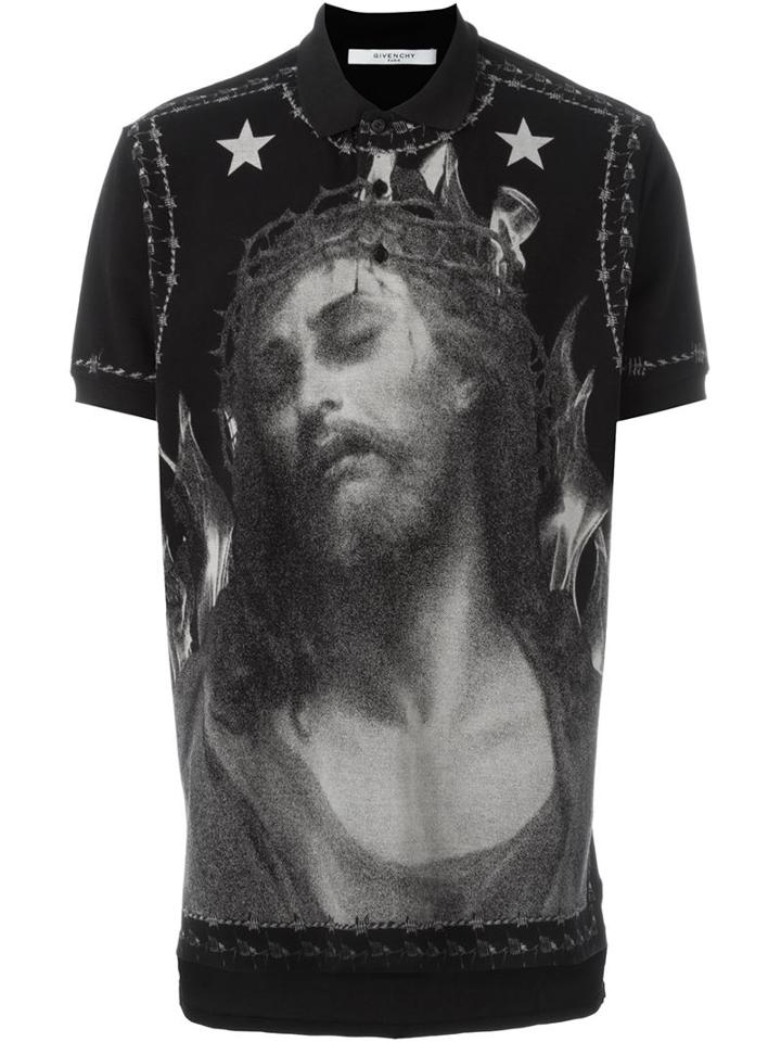 Givenchy Christ Print Polo Shirt, Men's, Size: L, Black, Cotton