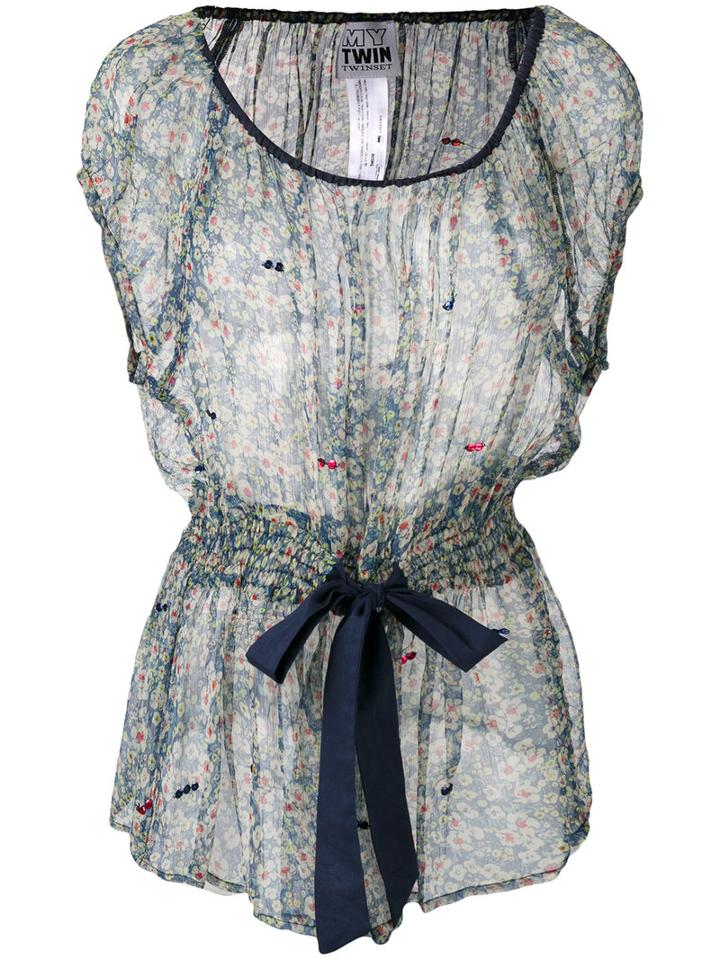 Twin-set - Floral Print Sheer Blouse - Women - Cotton/viscose - Xxs, Blue, Cotton/viscose