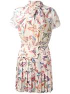Red Valentino Birds Print Pleated Dress, Women's, Size: 38, Nude/neutrals, Polyester