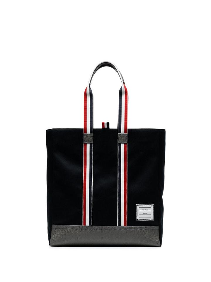 Thom Browne Navy Blue Tricolour Handle Cotton Tote Bag