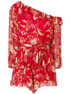 Zimmermann Asymmetric Ruffled Floral Playsuit - Red