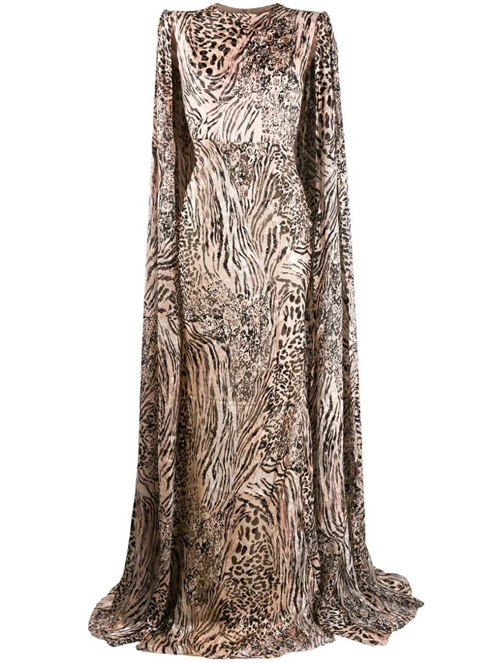 Alex Perry Leopard Print Cape Sleeve Gown - Neutrals