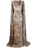 Alex Perry Leopard Print Cape Sleeve Gown - Neutrals