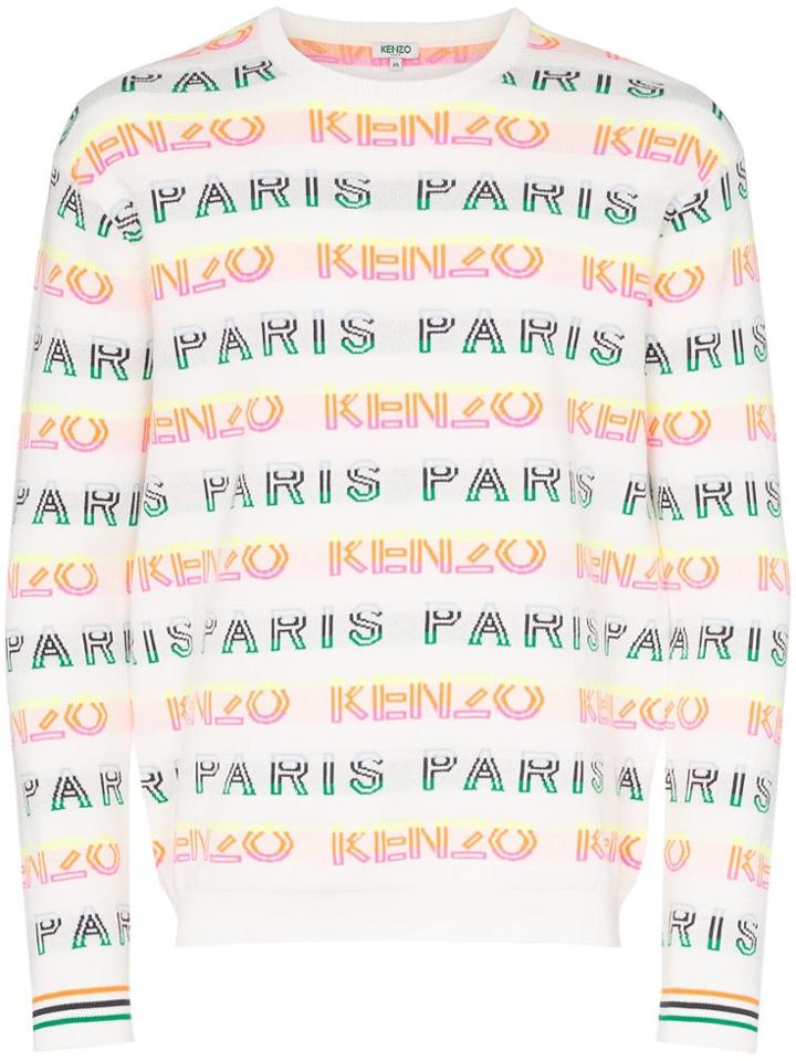 Kenzo Striped Logo Intarsia Cotton Blend Jumper - White