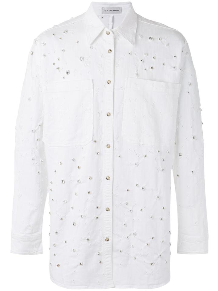 Faith Connexion - Embellished Holey Denim Jacket - Unisex - Cotton/polyester/spandex/elastane/glass - S, White, Cotton/polyester/spandex/elastane/glass