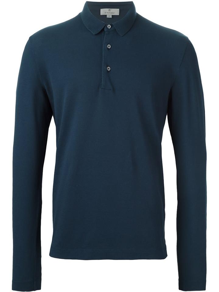 Canali Long Sleeve Polo Shirt, Men's, Size: 52, Blue, Cotton/spandex/elastane