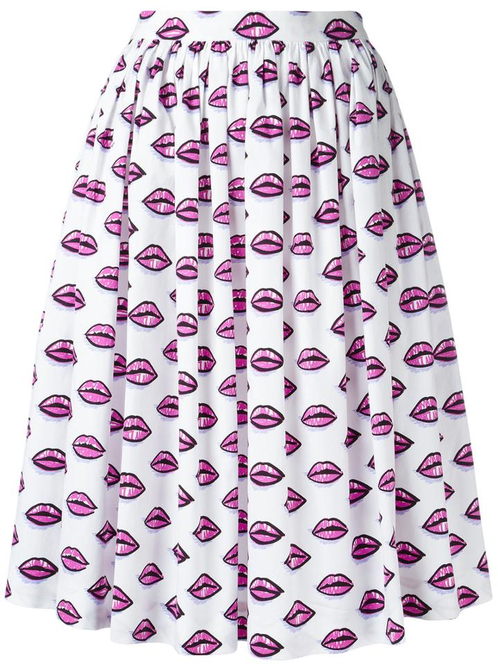 Prada Lip Print Skirt, Women's, Size: 40, White, Cotton/spandex/elastane
