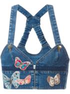 Valentino Butterfly Embroidered Denim Top, Women's, Size: 38, Blue, Cotton/spandex/elastane