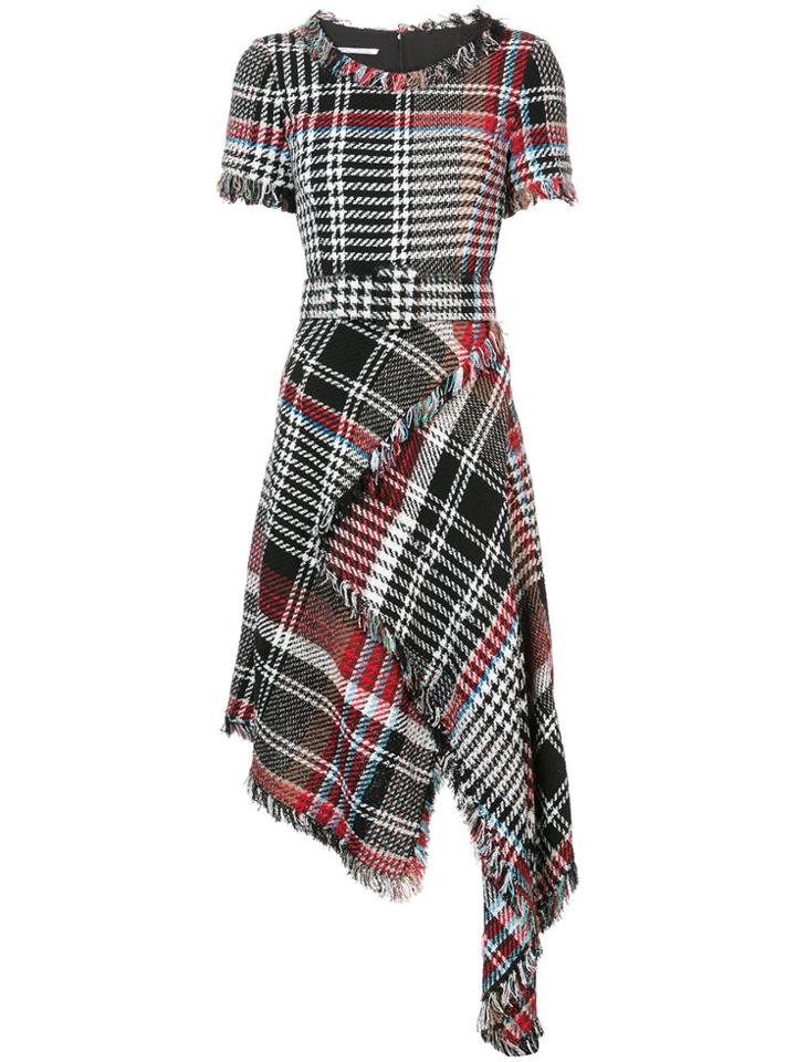 Oscar De La Renta Checked Short Sleeve Asymmetric Dress - Black