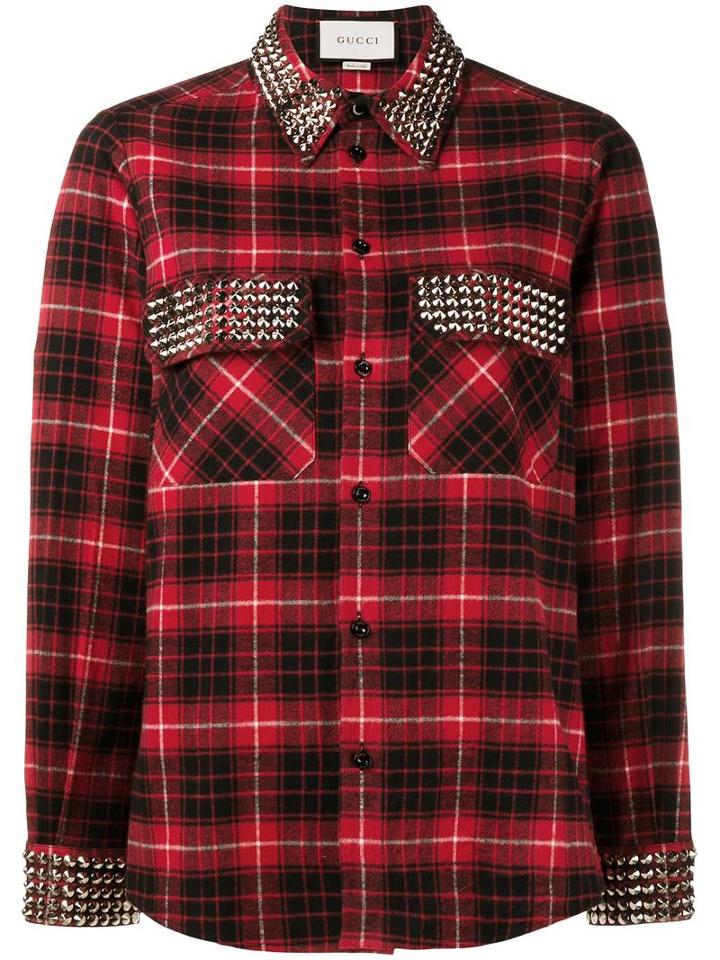 Gucci Studded Plaid Shirt, Women's, Size: 42, Red, Cotton/metal