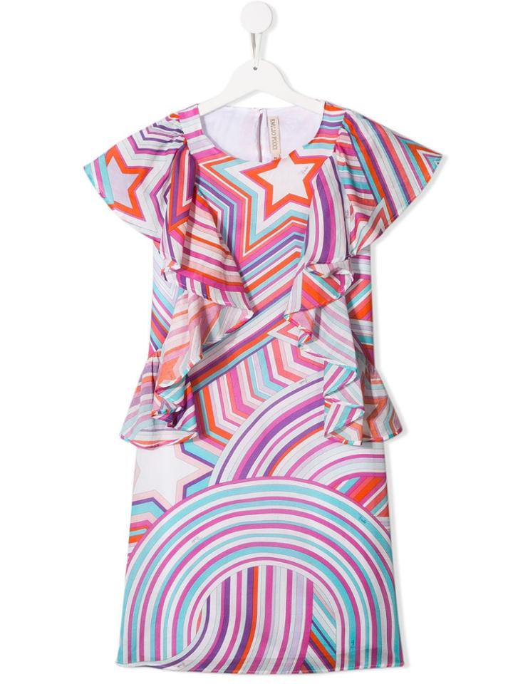 Emilio Pucci Junior Teen Star Print Ruffled Dress - White