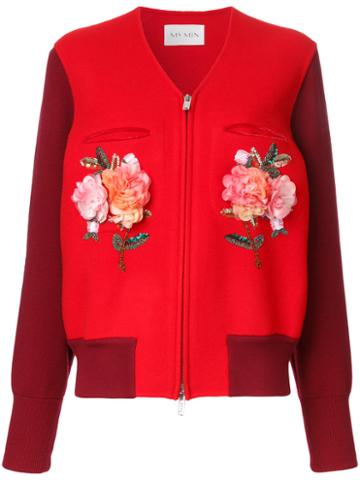 Ms Min Embellished Roses V-neck Jacket, Women's, Size: 4, Red, Polyamide/virgin Wool
