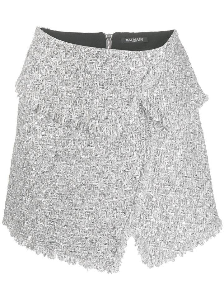 Balmain Asymmetric Tweed Mini Skirt - Silver