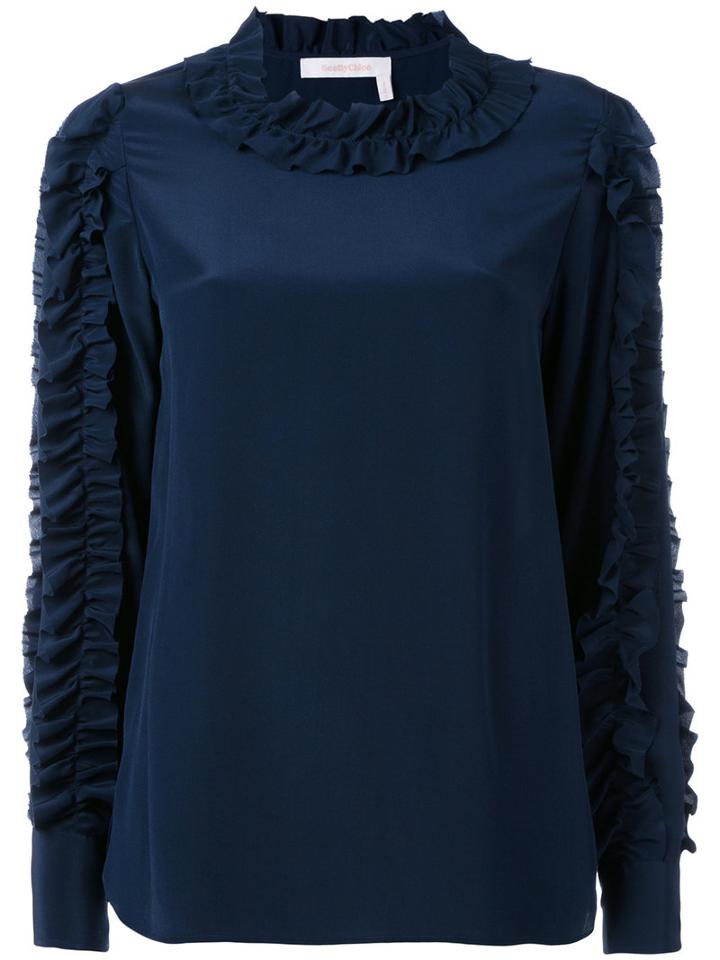 See By Chloé - Ruffle Sleeve Top - Women - Silk - 38, Blue, Silk