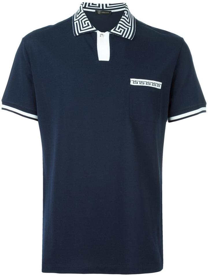 Versace Greca Key Collar Polo Shirt, Men's, Size: Large, Blue, Cotton