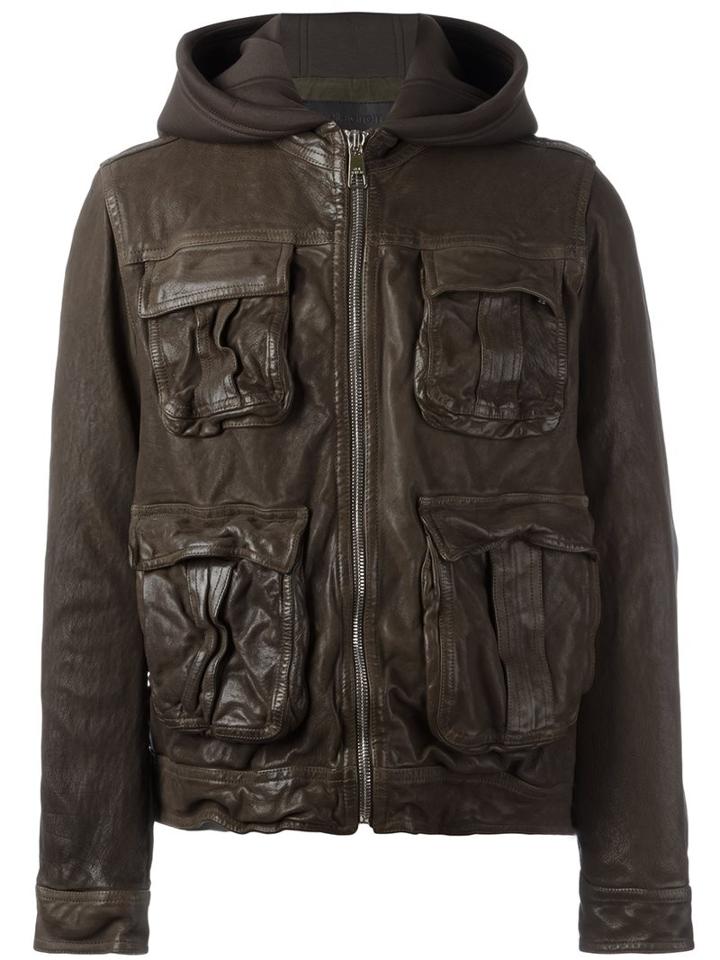 Neil Barrett Hooded Leather Jacket, Men's, Size: Large, Green, Buffalo Leather/cupro/viscose/spandex/elastane