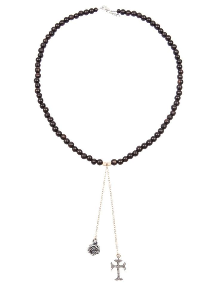 Catherine Michiels Rose & Crucifix Beaded Necklace - Brown