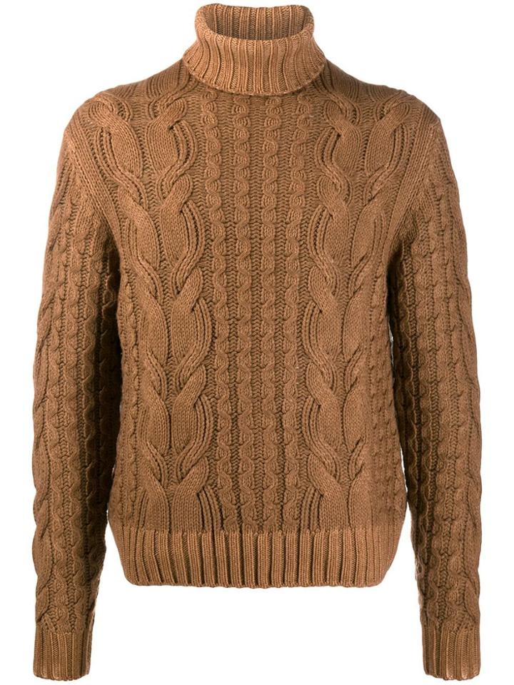 Cruciani Turtle Neck Cable Knit Jumper - Brown