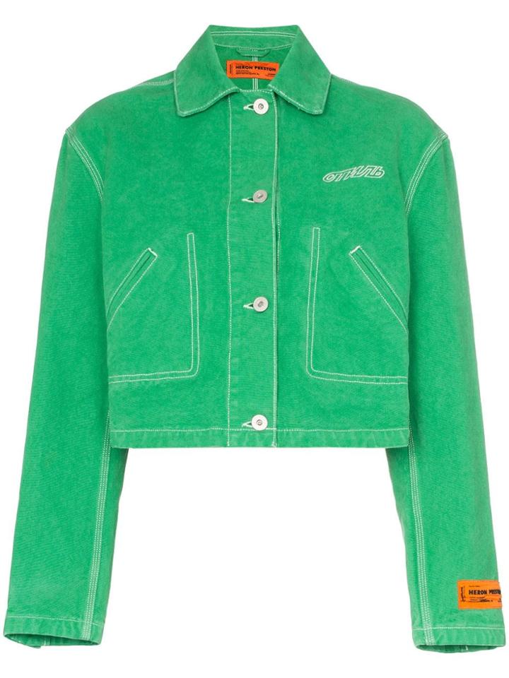 Heron Preston Ctnmb Embroidered Cropped Denim Jacket - Green