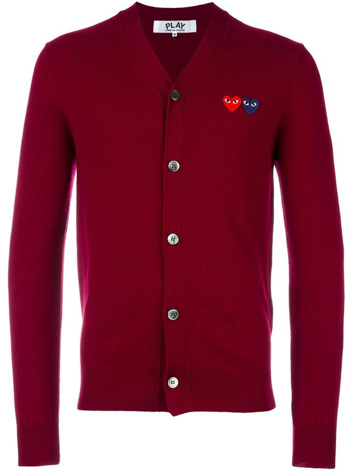 Comme Des Garçons Play V Neck Cardigan, Men's, Size: Xl, Red, Wool