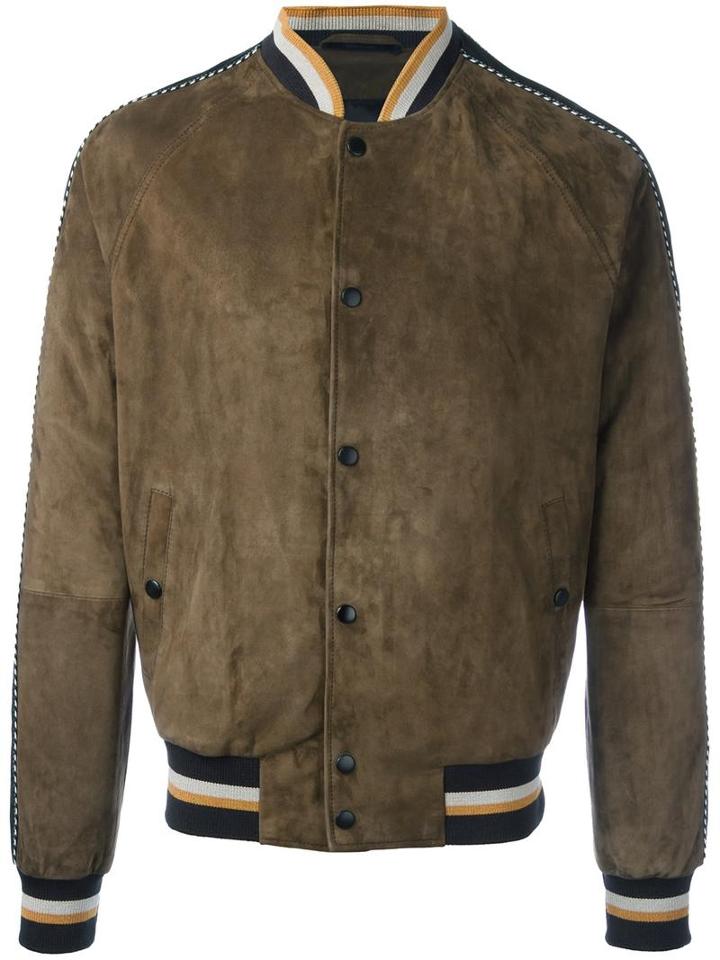Lanvin Sleeve Stripe Stadium Jacket, Men's, Size: 48, Green, Lamb Skin/viscose/cupro/cotton
