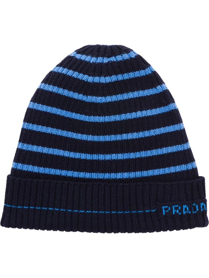 Prada Striped Knitted Beanie Hat - Blue