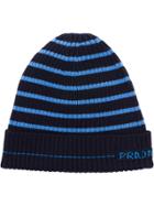 Prada Striped Knitted Beanie Hat - Blue