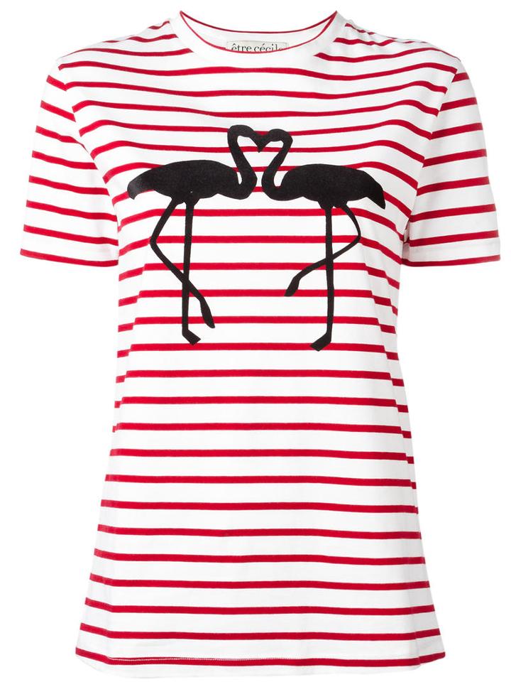 Être Cécile Flamingo Print Striped T-shirt, Women's, Size: Medium, White, Cotton