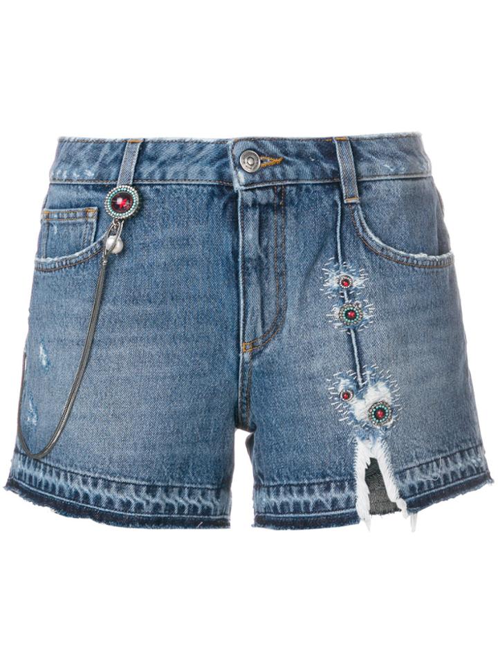 Ermanno Scervino Ripped Embroidered Denim Shorts - Blue