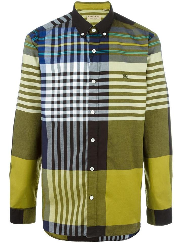 Burberry Colour Block Checked Shirt, Men's, Size: Large, Green, Cotton