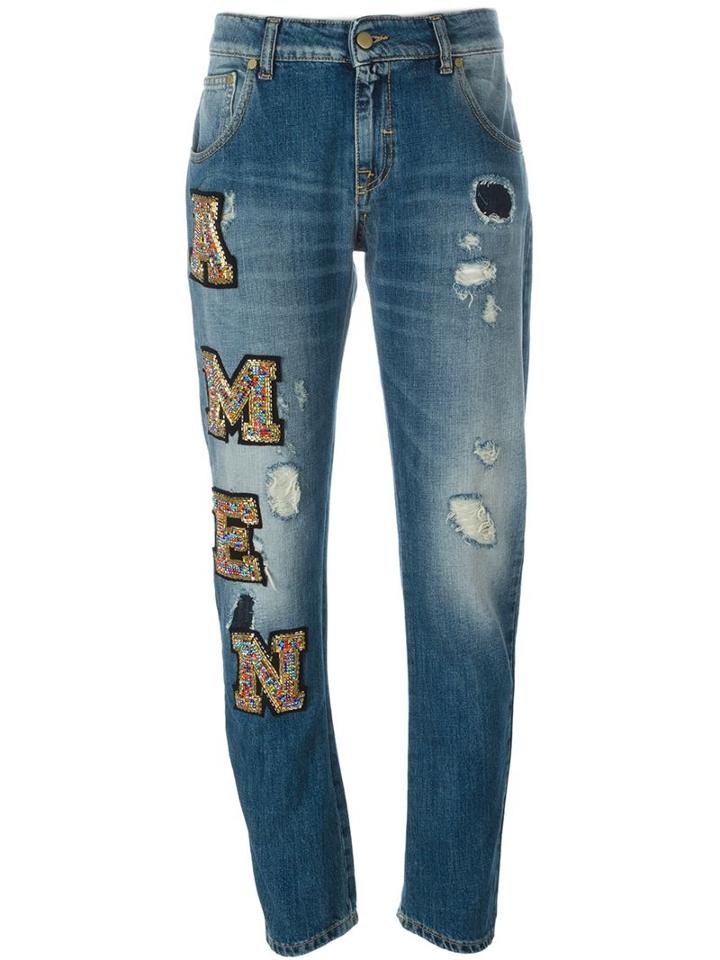 Amen Distressed Beaded Logo Patch Straight Leg Jeans, Women's, Size: 40, Blue, Cotton
