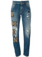 Amen Distressed Beaded Logo Patch Straight Leg Jeans, Women's, Size: 40, Blue, Cotton