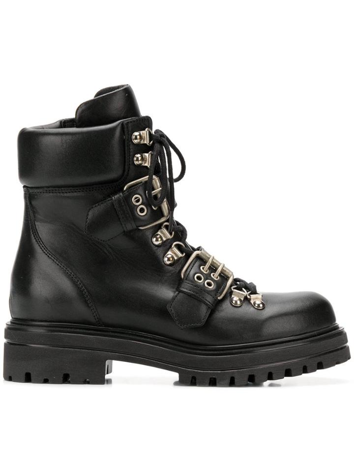 Albano Buckled Strap Combat Boots - Black